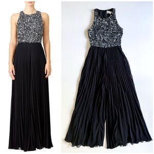 Badgley Mischka Collection Dara Black Chiffon Silver Sequin Pleated Jumpsuit 4